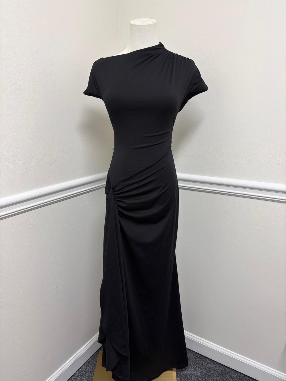Elegant Black Asymmetric Ruched Maxi Dress